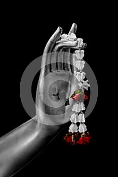 Close up Hand of The Buddha statue hold flower garland in temple at thailand black and white color with color splash effect