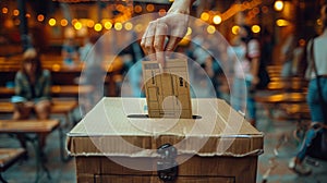 Close-up of a hand casting a vote in a ballot box