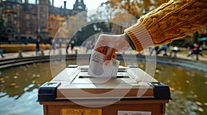 Close-up of a hand casting a vote in a ballot box