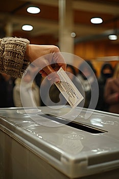 Close-up of a hand casting a vote in a ballot box