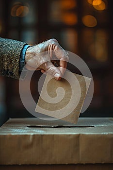 Close-up of a hand casting a vote in a ballot box