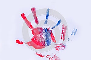 Close-up hand, colored palm prints on white paper, creative creativity concept, fine motor skills, patience and perseverance