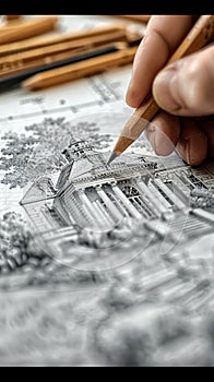 Close-up of a hand drawing architectural plans