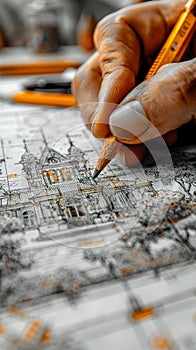 Close-up of a hand drawing architectural plans