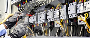 Close-up hand of electrical engineering using measuring equipment tool to checking electricity at circuit breaker