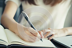 Close-up hand of female student taking note in to diary book. Selective focus on hand holding a pen