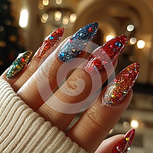 Close-up of hand with glittery nail art