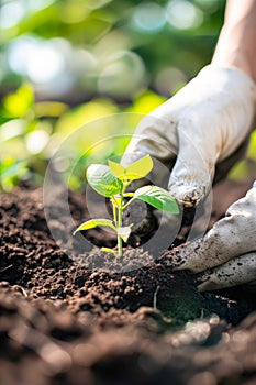 Close up of hand in glove planting seedling in fertile soil