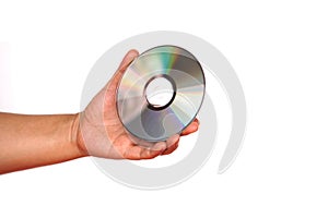 Close up hand hold CD compact disc, DVD, isolated on white background.
