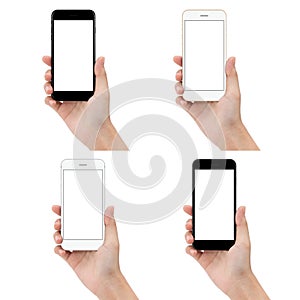 Close up hand hold phone isolated on white background, mock-ups