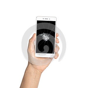 Close up hand hold smartphone with broken screen  isolated on white, with clipping path