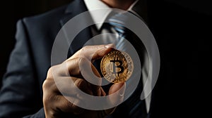 Close up of hand holding bitcoin. Crypto currency. Businessman holding a gold coin in his hand