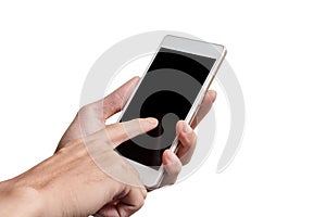 Close up of hand holding blank advertising smartphone advertisement for adjust your message isolate on white background, with