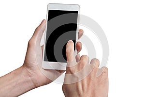 Close up of hand holding blank advertising smartphone advertisement for adjust your message isolate on white background, with