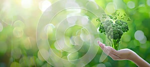 Close up of hand holding broccoli floret with blurred background, ideal for text placement