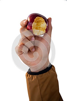 Close-up of hand holding eaten apples