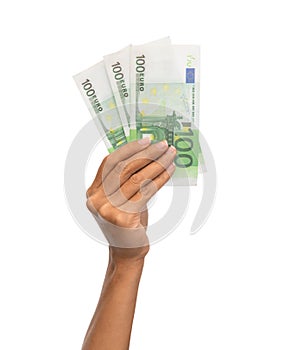 close up of hand holding euro money