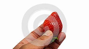 Close up hand holding fresh strawberry or red berry isolated on white background with clipping path