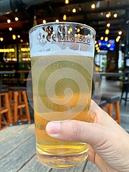 Close-up hand holding glass of beer