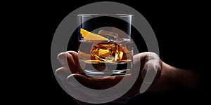 Close-up of hand holding glass of whiskey with ice. darkness and mystery in luxury alcohol drinking. ideal beverage for