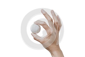 Close up hand holding golf ball on white background.