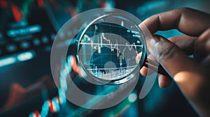 Close-up of a hand holding a magnifying glass over stock market charts, emphasizing detailed analysis of financial data on a