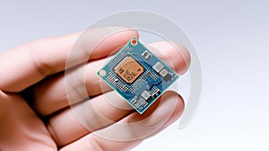 Close-up of Hand Holding Microchip, White Backdrop