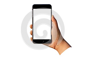 Close up hand holding mobile phone with blank screen on isolated white background.