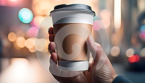 Close-up of a hand holding a paper cup with coffee, mockup illustration for design,