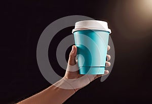 Close-up of a hand holding a paper cup with coffee, mockup illustration for design,