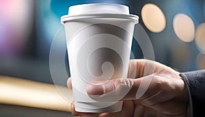 Close-up of a hand holding a paper cup with coffee, mockup illustration for design,