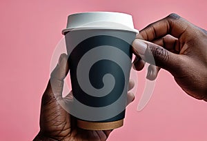 Close-up of a hand holding a paper cup with coffee, mockup illustration for design,