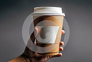 Close-up of a hand holding a paper cup with coffee, mockup illustration for design,