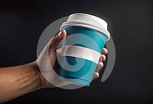 Close-up of a hand holding a paper cup with coffee, mockup illustration for design,