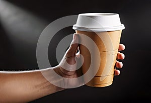 Close-up of a hand holding a paper cup with coffee, mockup illustration for design,