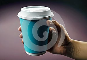 Close-up of a hand holding a paper cup with coffee, mockup illustration for design,