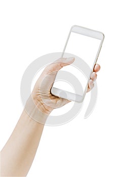Close up hand holding phone mobile isolated on white background
