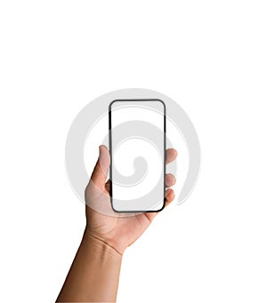Close up Hand holding phone on white background