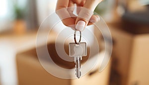 Close-up of hand holding silver key with square keychain against background of cardboard moving boxes. Image evokes concepts of