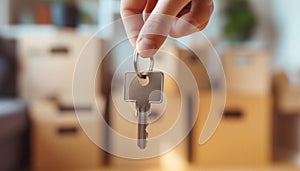 Close-up of hand holding silver key with square keychain against background of cardboard moving boxes. Image evokes concepts of