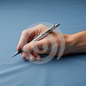 Hand is positioned as if ready to write on a flat surface. The background