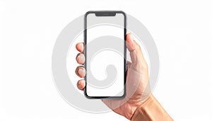 Close-up of a hand holding a silver smartphone with a blank white screen on a white background
