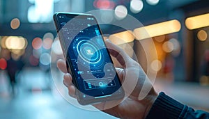 Futuristic smartphone interface with glowing digital elements