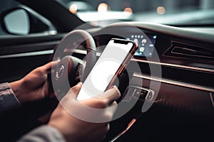 Close-up, hand holding smartphone with empty screen mockup. Car application concept
