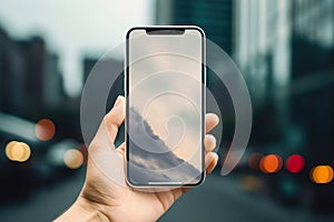 Close-up, hand holding smartphone with empty screen mockup and city on background