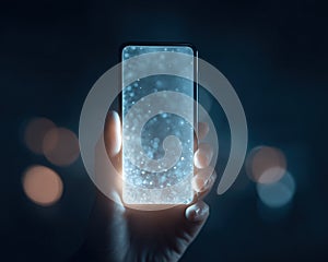 Close-up of a hand holding a smartphone. Generative AI