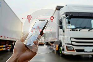 Close-up of a hand holding a smartphone with a GPS tracking app against trucks