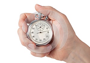 Close up of hand holding stopwatch, isolated on white background