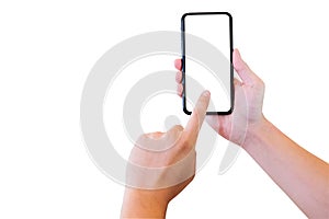 Close up hand holding and touch smart phone with blank screen on isolated white background