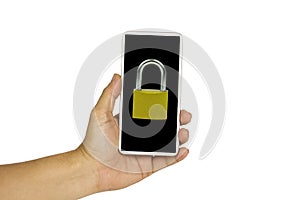 close-up hand holding white mobile phone with Lock key black screen on white background with cipping path